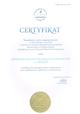 Certyfikat dla Pierwszej Społecznej Szkoły Podstawowej